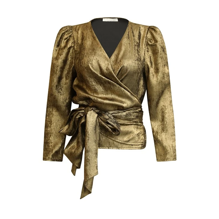 Golden V-neck Blouse With Tie Belt